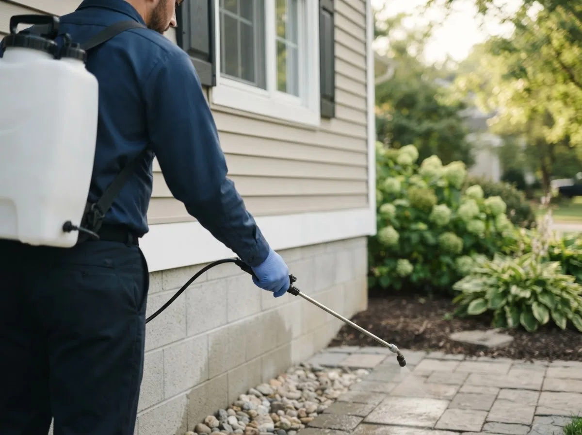 Pest control technician inspecting a home in Mart, TX